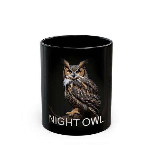 Night Owl Black Mug, Cute Coffee Cup for Owl Lovers, Perfect Gift for Night Owls, Unique Drinkware for Creatives, Cozy Evening Beverage