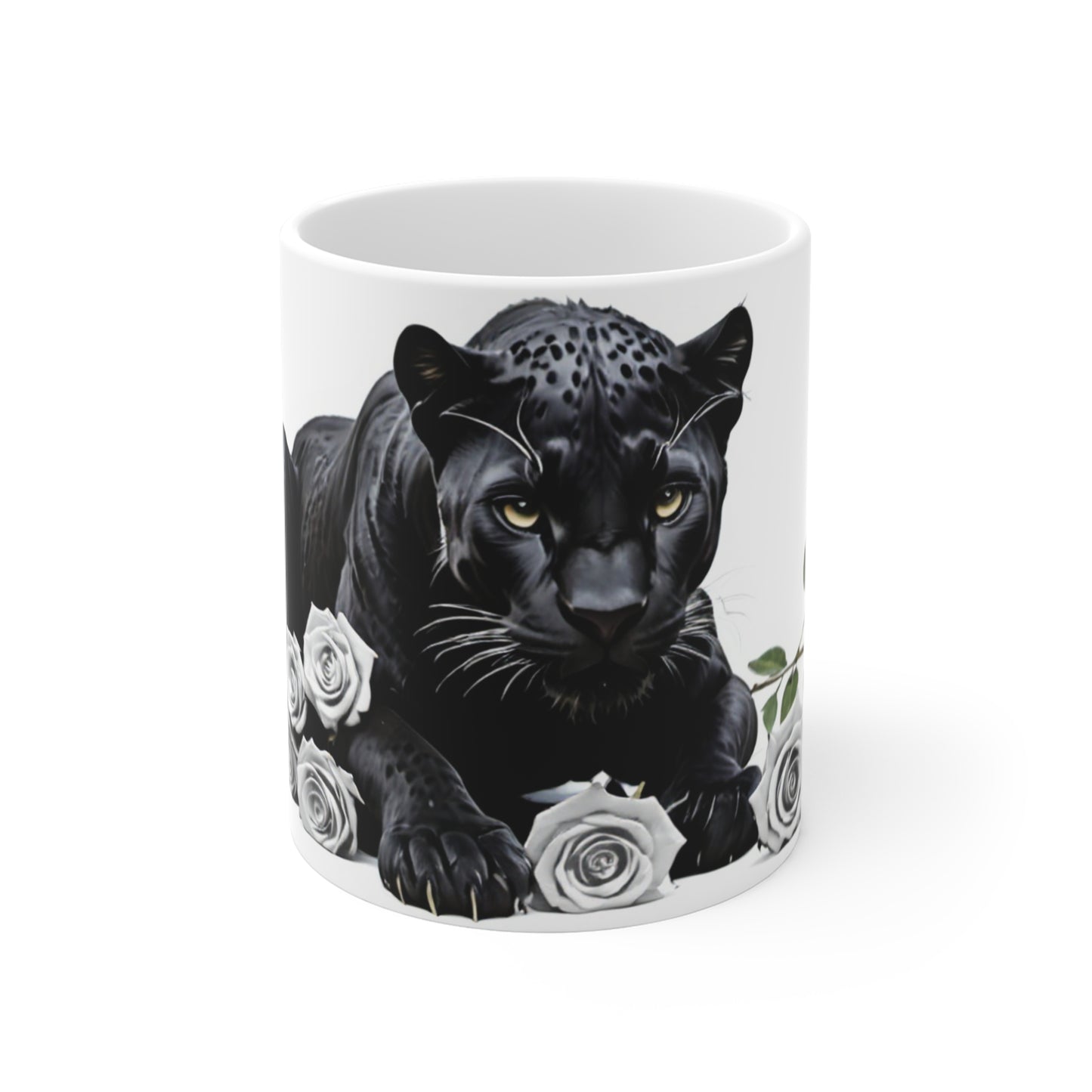Elegant Black Panther Mug with Roses, Gift for Animal Lovers, Wildlife Collectors, Unique Home Decor, Birthday and Holiday Present