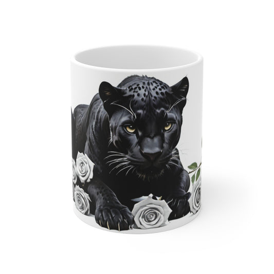 Elegant Black Panther Mug with Roses, Gift for Animal Lovers, Wildlife Collectors, Unique Home Decor, Birthday and Holiday Present