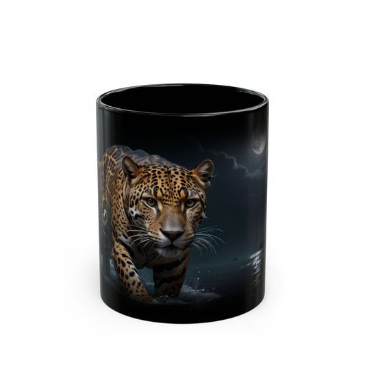 Mystical Leopard Black Mug, Animal Lover Gift, Coffee Cup, Custom Mug, Nighttime Decor, Unique Tea Mug